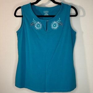Classic‎ Elements Teal Floral Embroidered Sleeveless Tank Top Womens Medium NWOT
